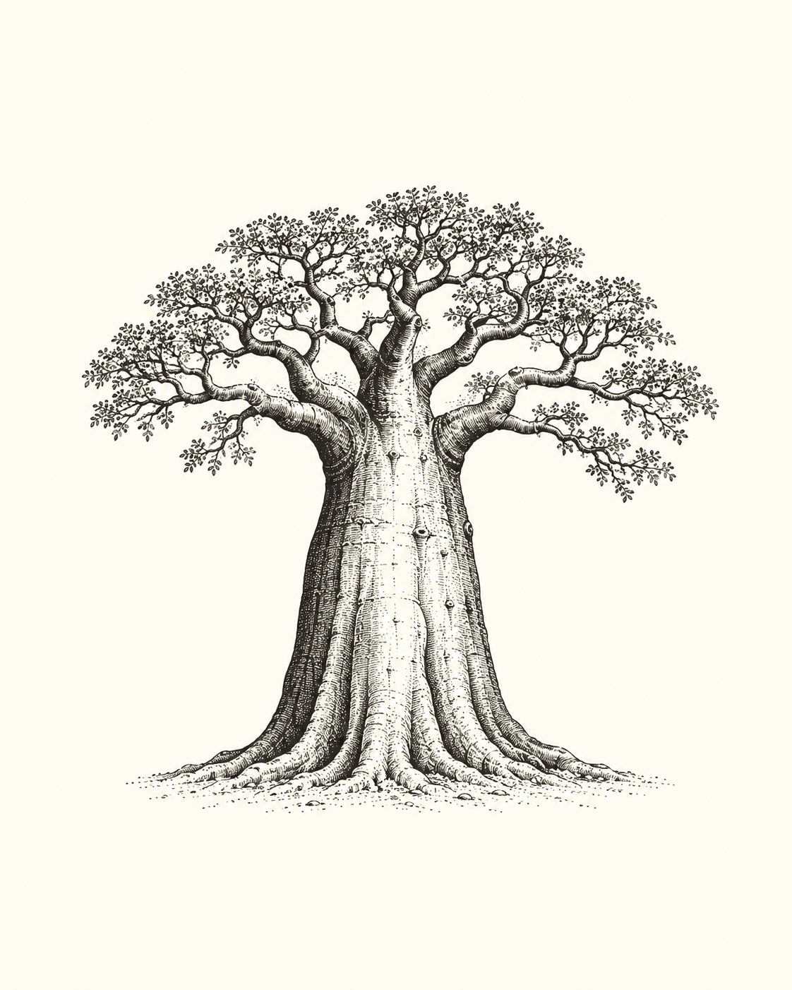 Baobab illustration with spreading branches and deep roots