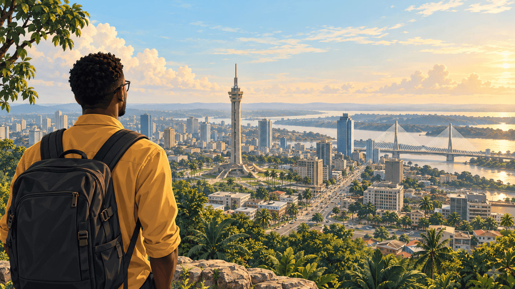 Illustration of a person overlooking Kinshasa and the Congo River