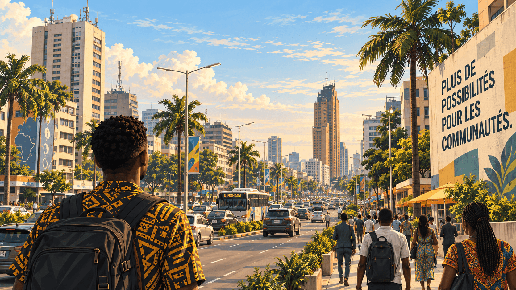 Illustrated avenue in Kinshasa, with people, traffic and palm-lined buildings