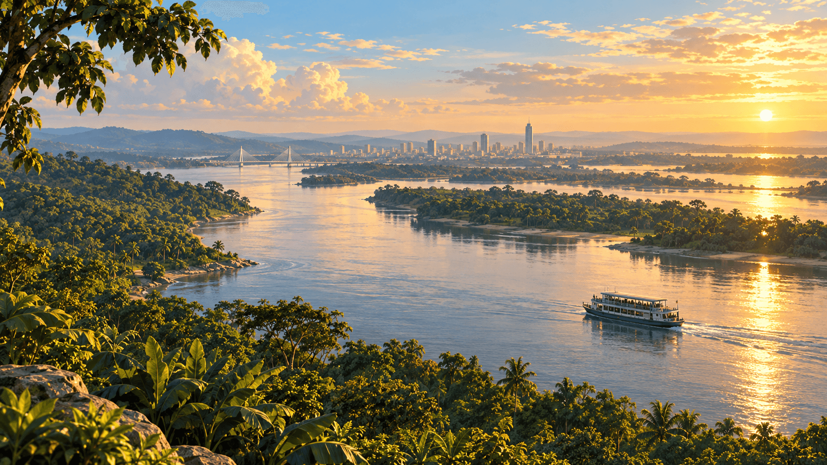 Illustration of the Congo River and city skyline at sunset