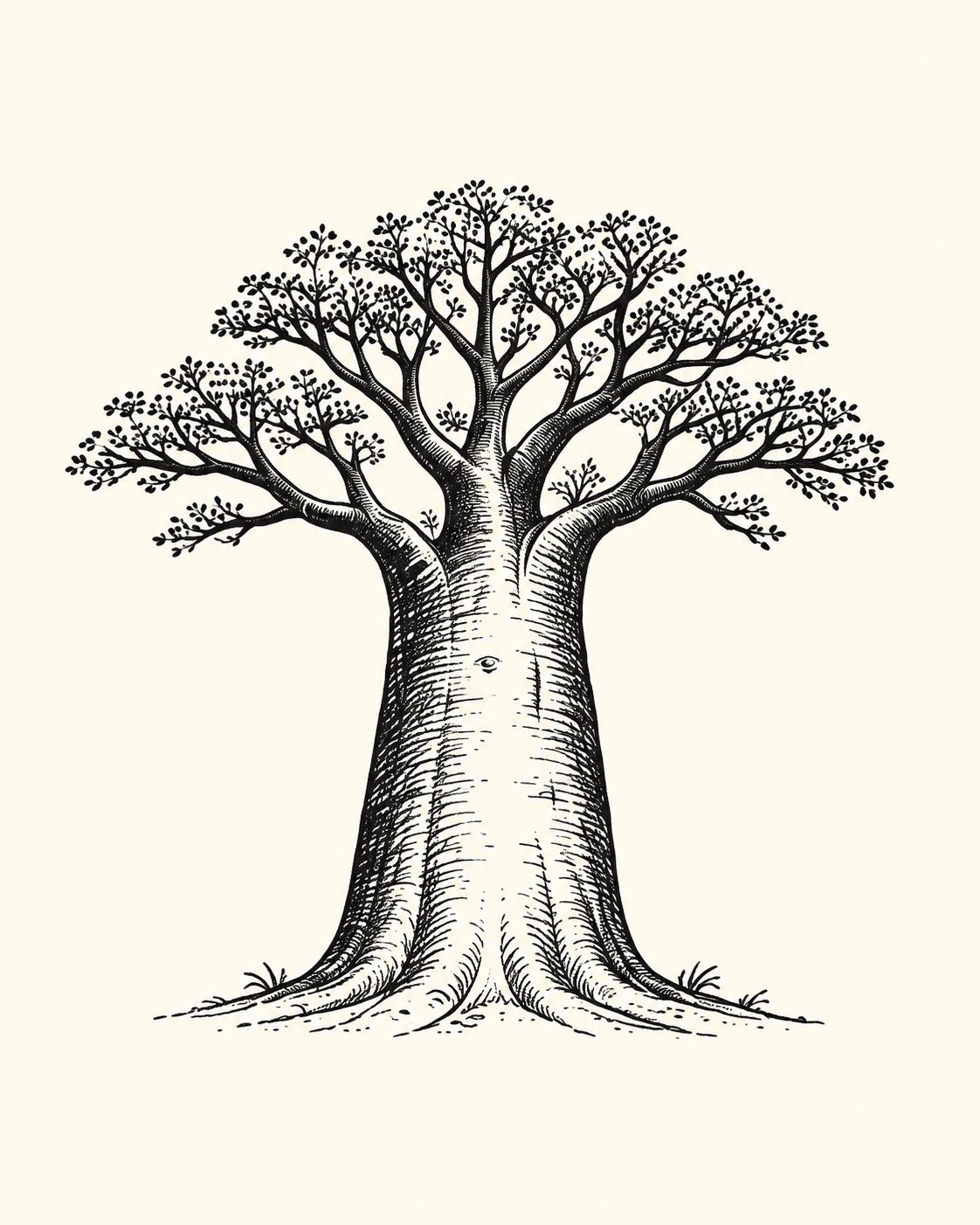 An illustrated baobab with a broad trunk and spreading branches