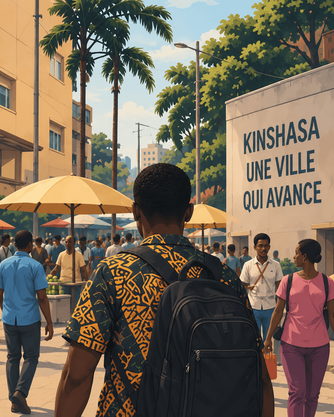 Illustration of a pedestrian among Kinshasa’s street markets