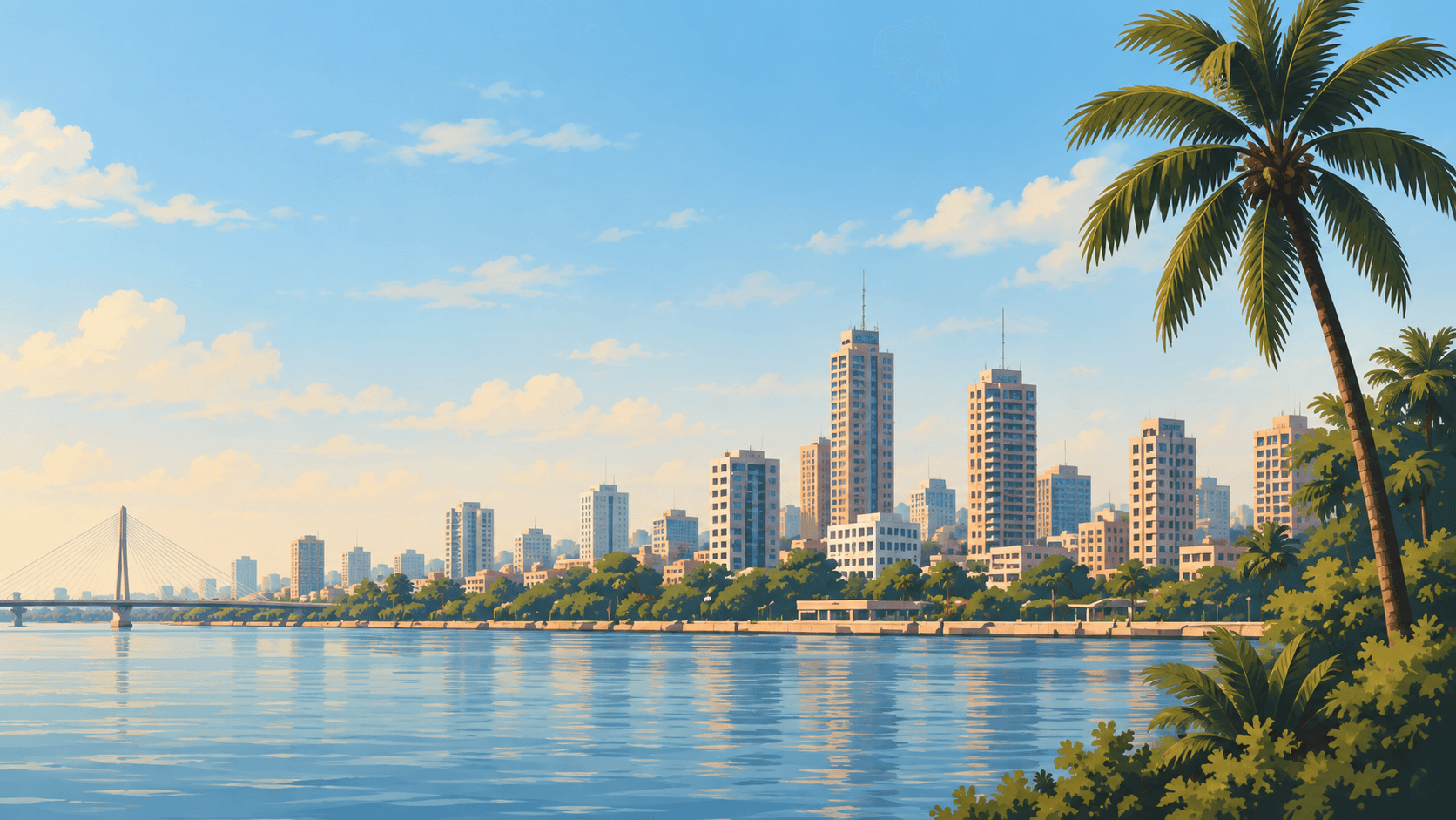 Illustration of a city skyline across the water