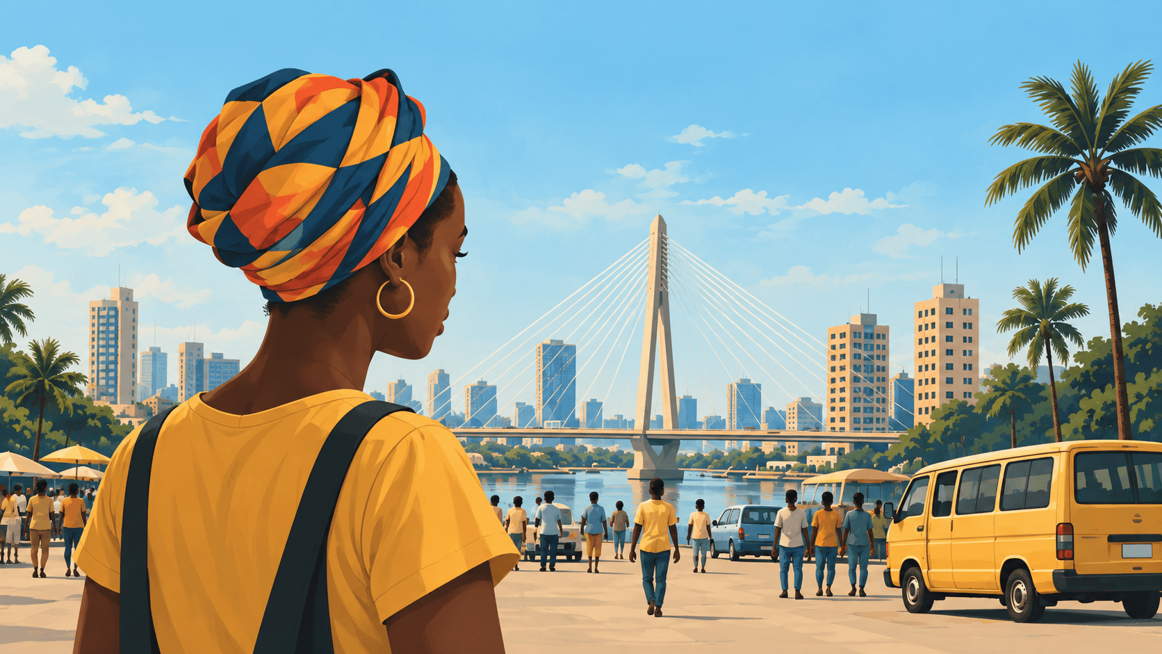 Illustration of a woman overlooking a busy Kinshasa boulevard
