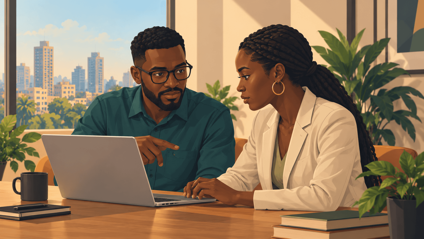 Illustration of two colleagues working together at a laptop
