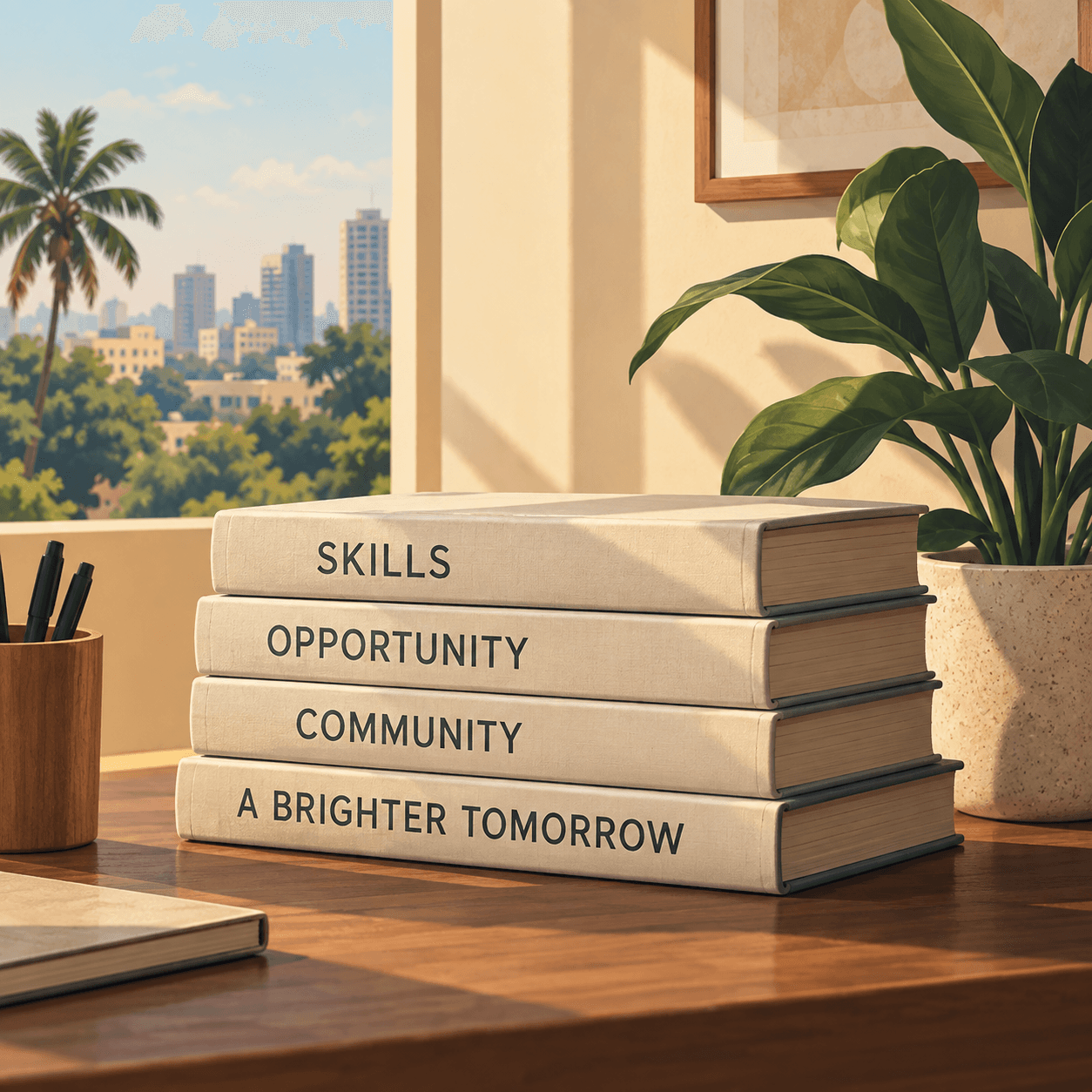 Illustration of books labelled Skills, Opportunity, Community and A Brighter Tomorrow beside a plant