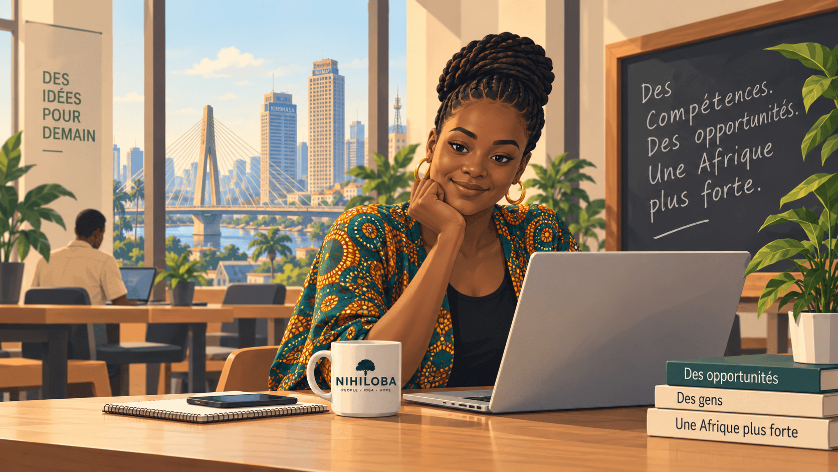 Illustration of a woman working on a laptop overlooking Kinshasa.