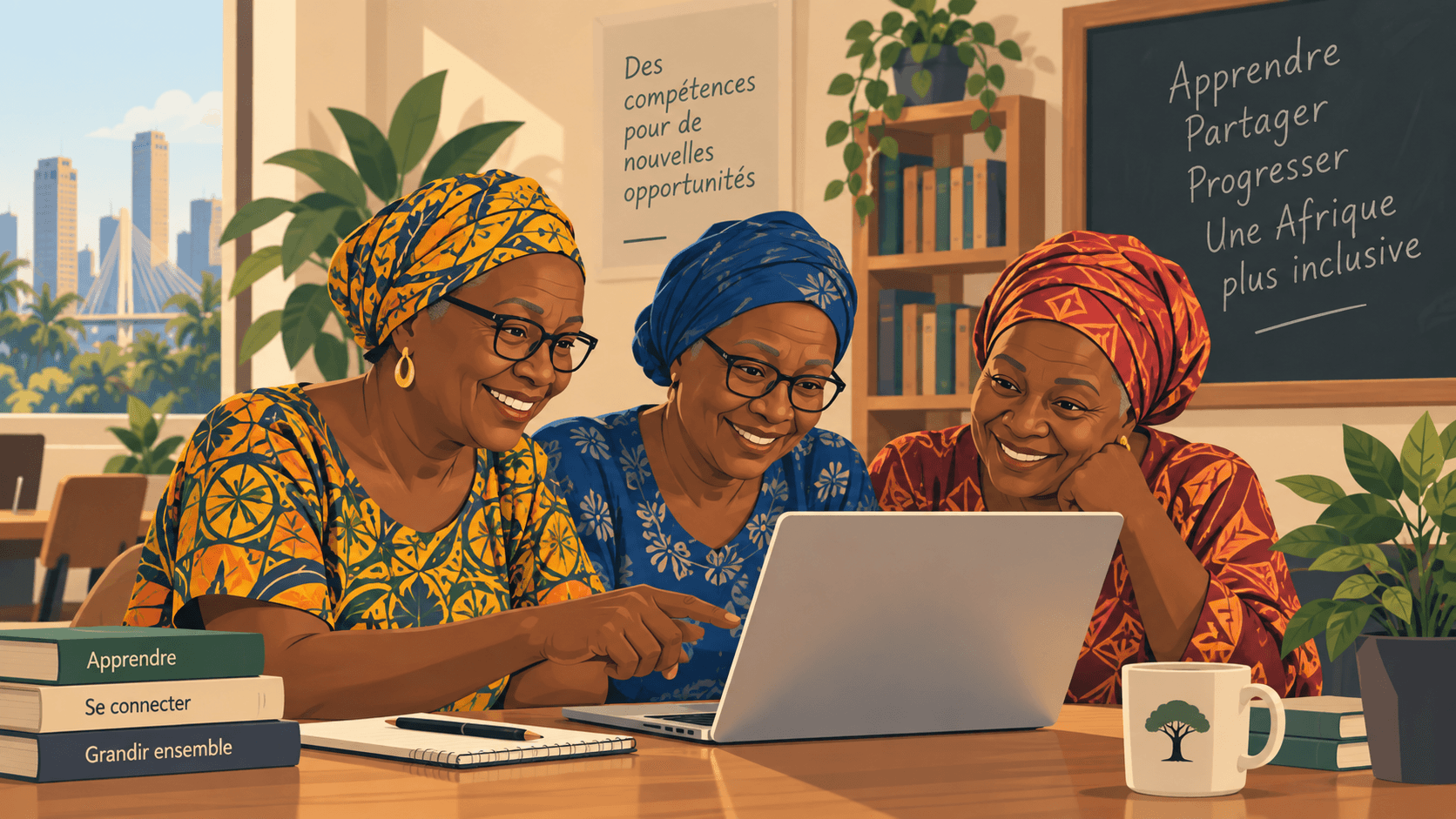 Illustration of three older women learning together around a laptop.