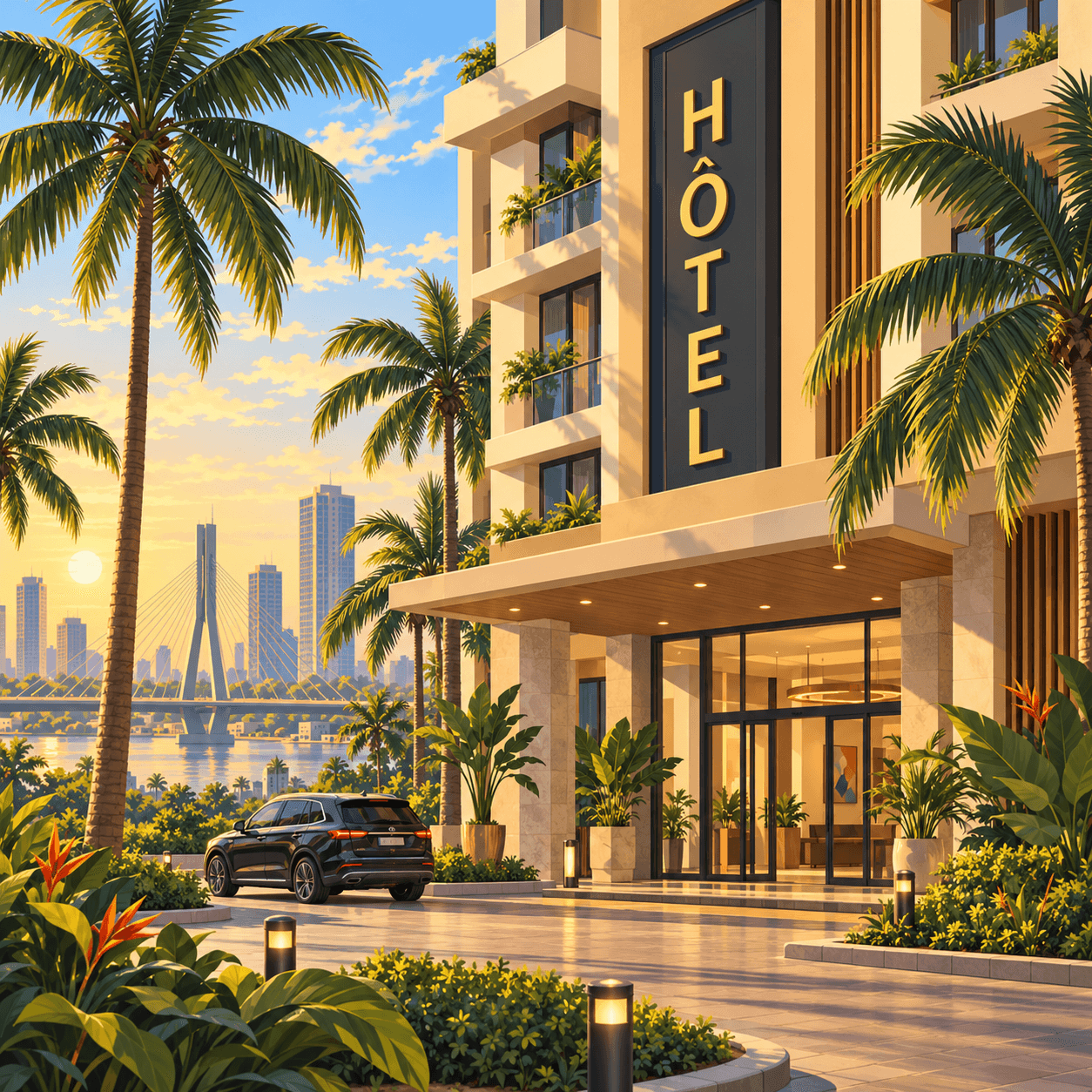 Illustration of a hotel entrance lined with palm trees.
