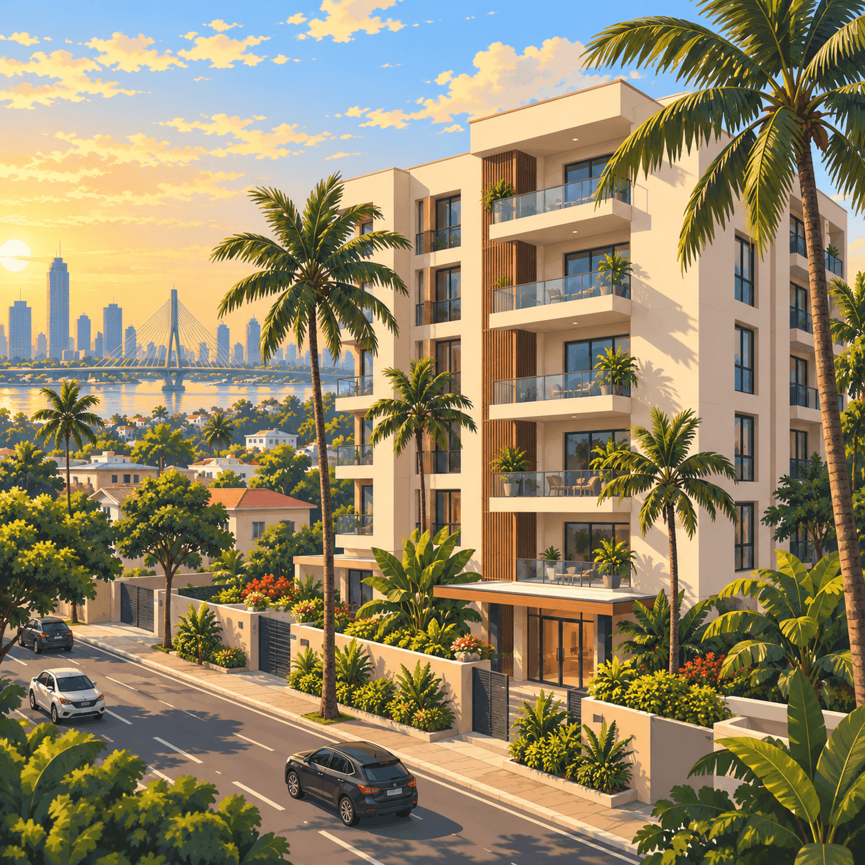 Illustration of an apartment building with balconies on a palm-lined city street.