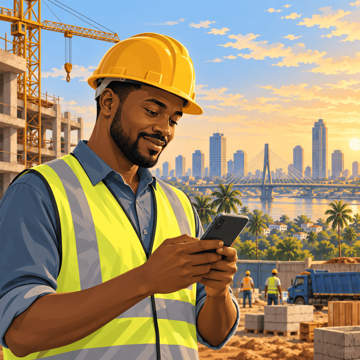 Illustration of a construction professional using his phone on site.