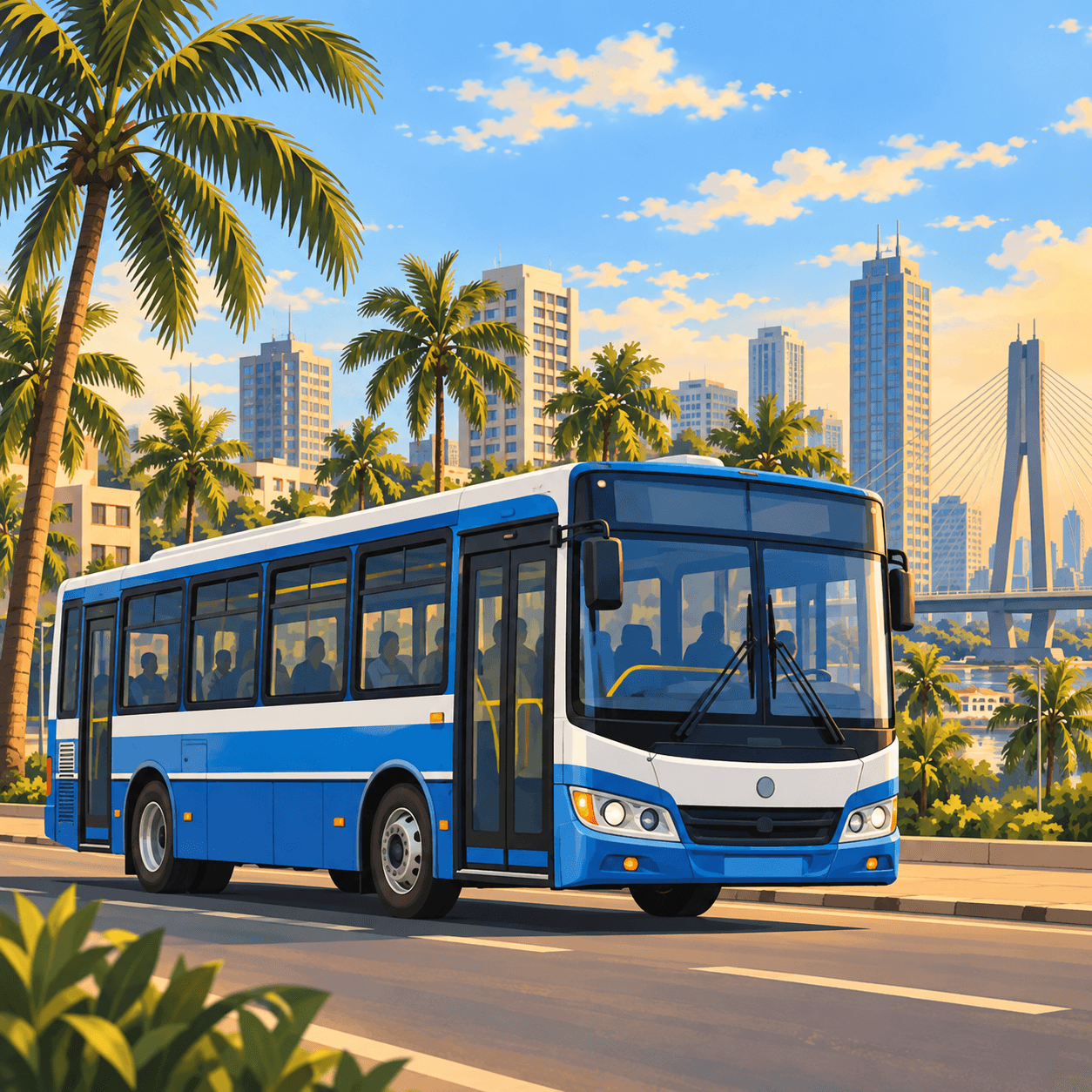 Illustration of a blue city bus on a palm-lined road.
