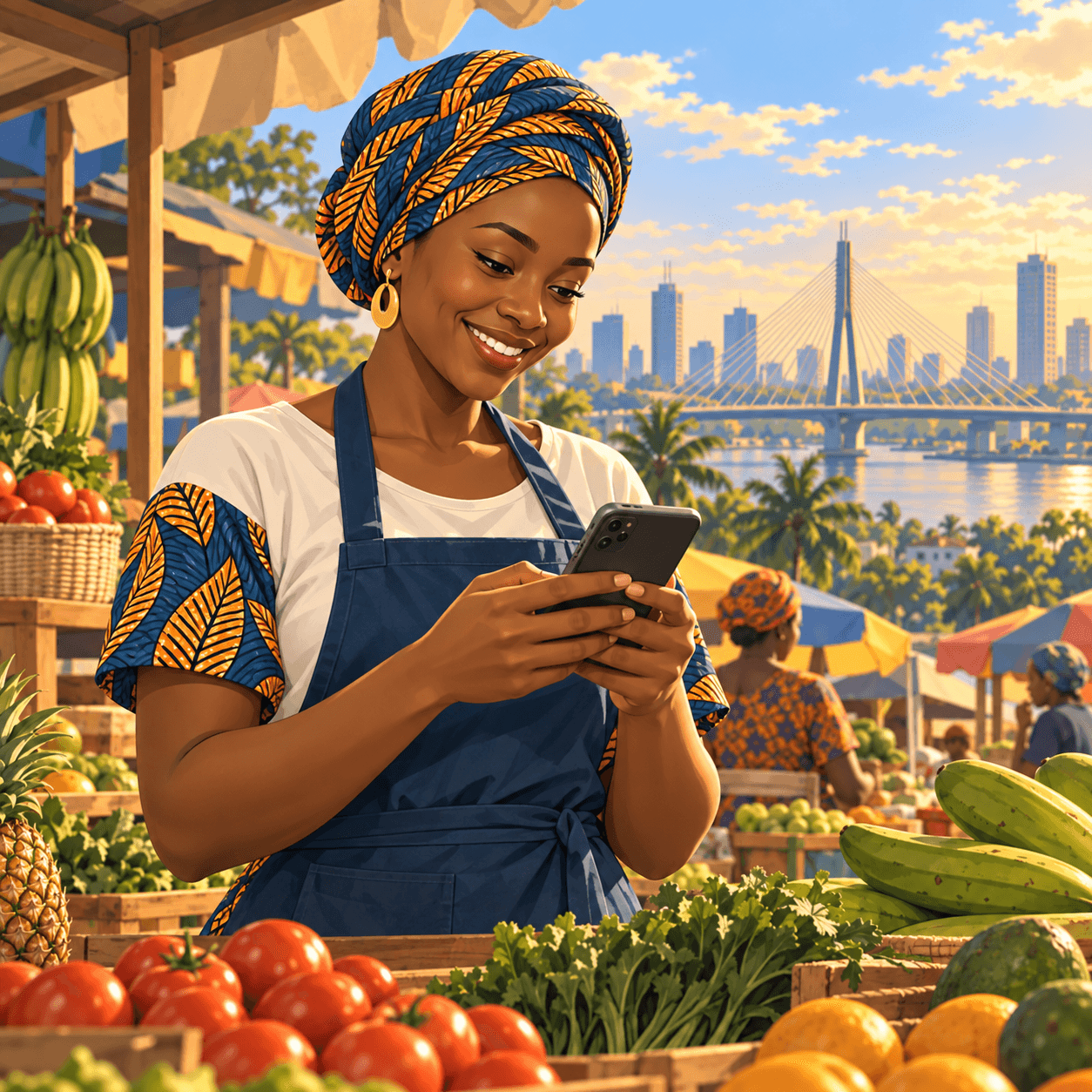 Illustration of a woman using her phone at a fresh produce stall.