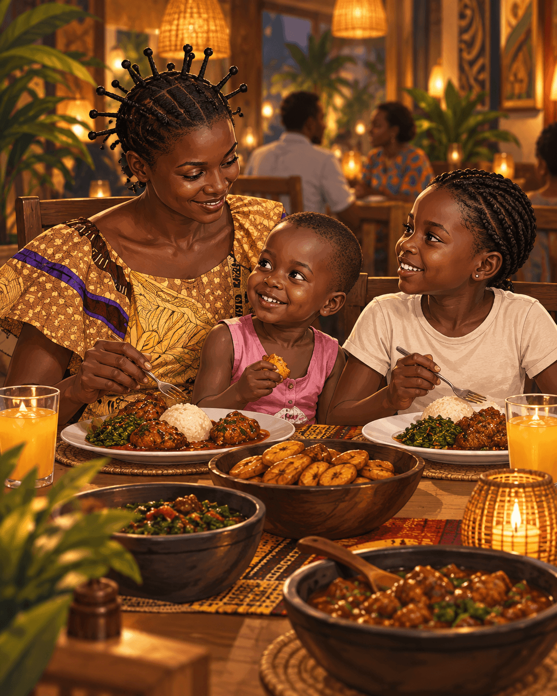 Illustration of a family sharing a meal at a lively restaurant with other diners.