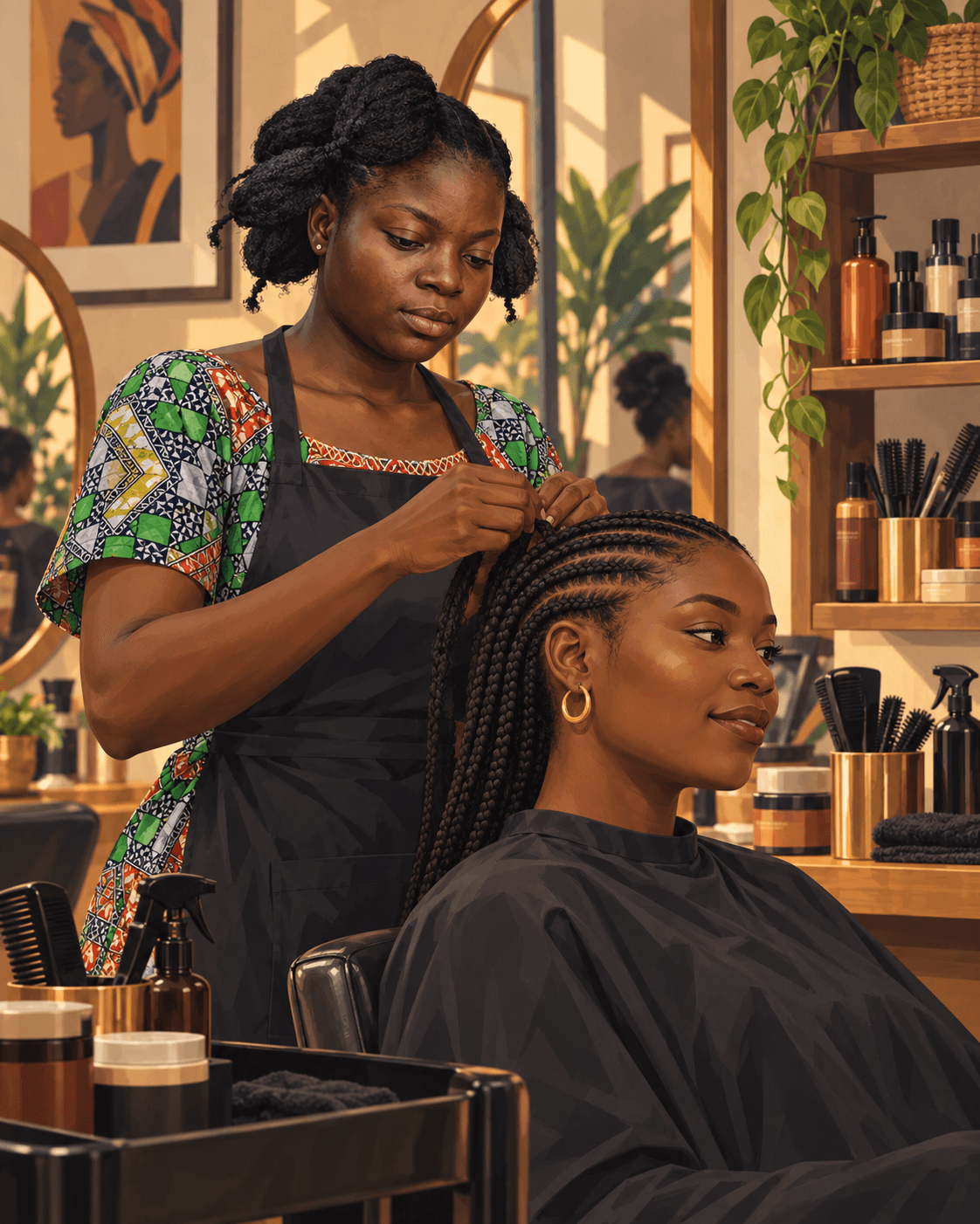 Illustration of a hairstylist braiding a client’s hair in a welcoming salon.