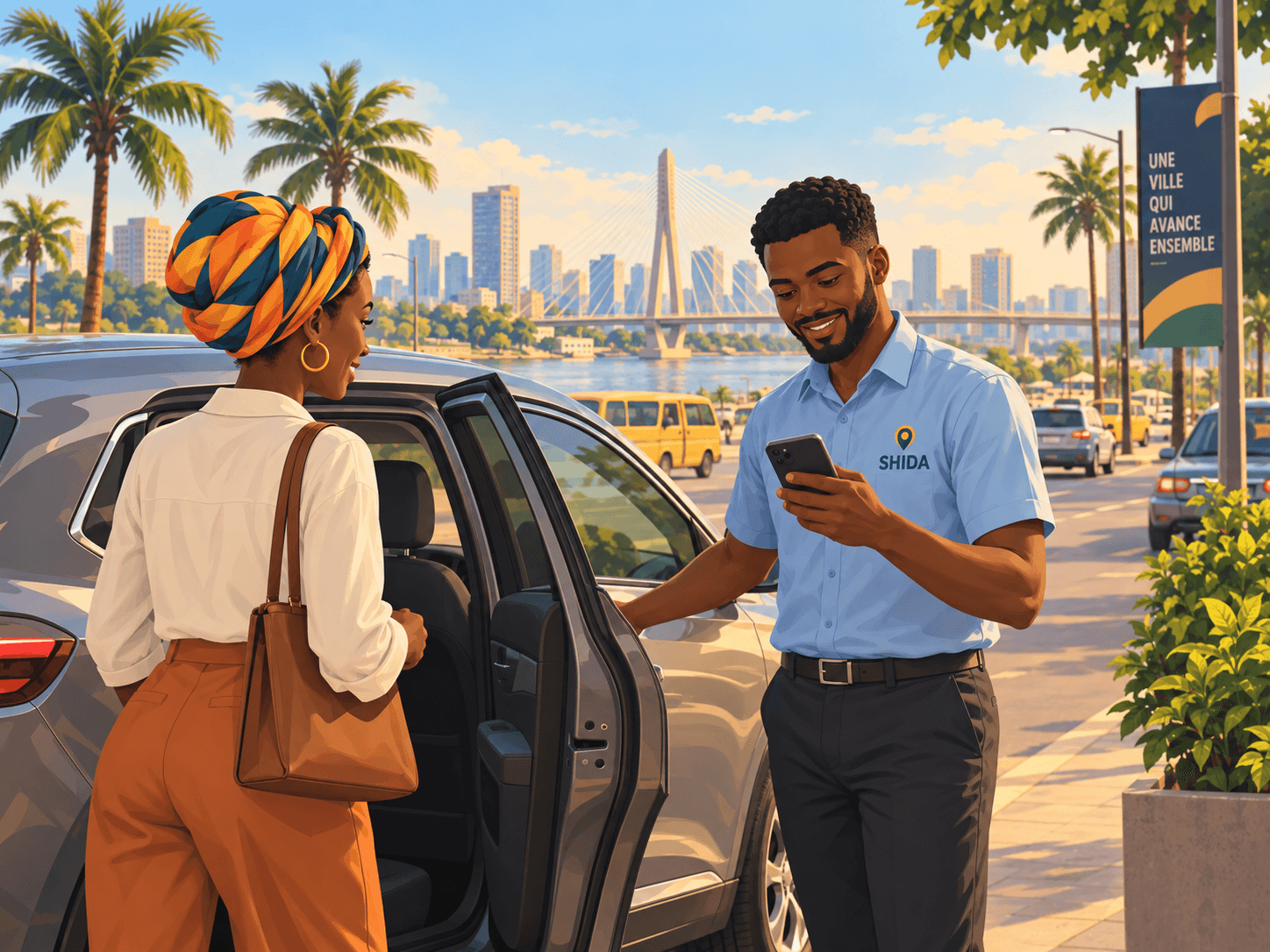 Illustration of a passenger and driver discussing a trip beside a car.